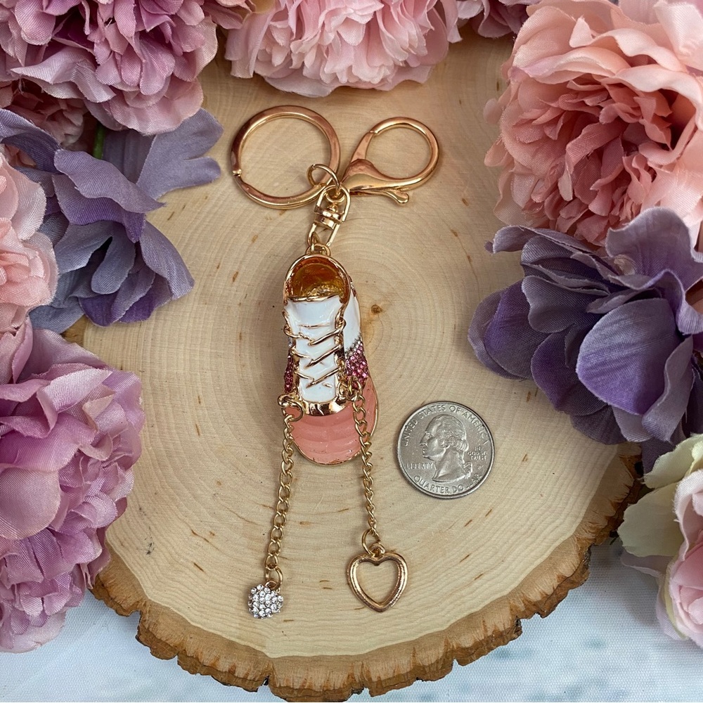 Pink and White Baby Tennis Shoe Crystal Keychain Charm - Picture 10 of 10